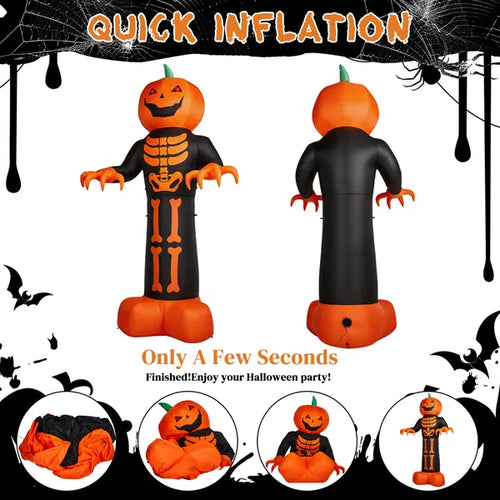12 Ft Inflatable Halloween Pumpkin Skeleton Reaper Yard Decoration With LED and String Lights, Black and Orange