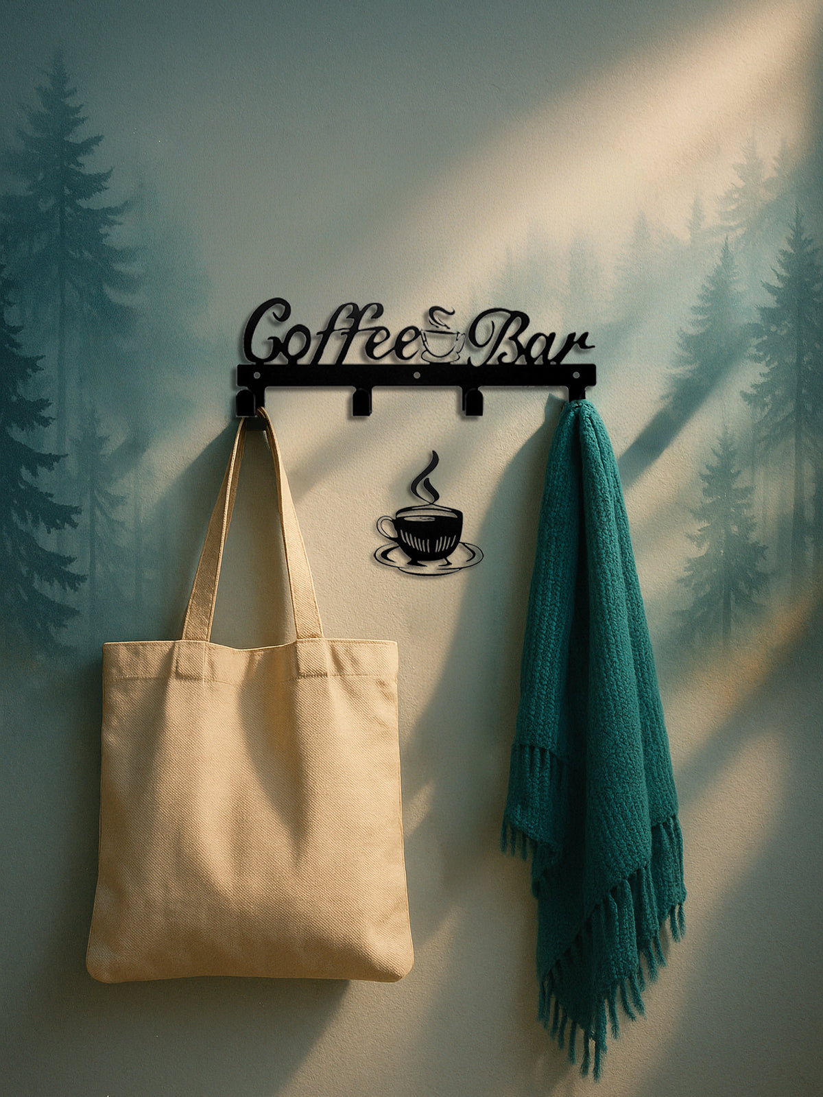 Coffee Bar Wall Hook Rack With 4 Hooks and Coffee Cup Wall Decor, Black Metal Kitchen Organizer