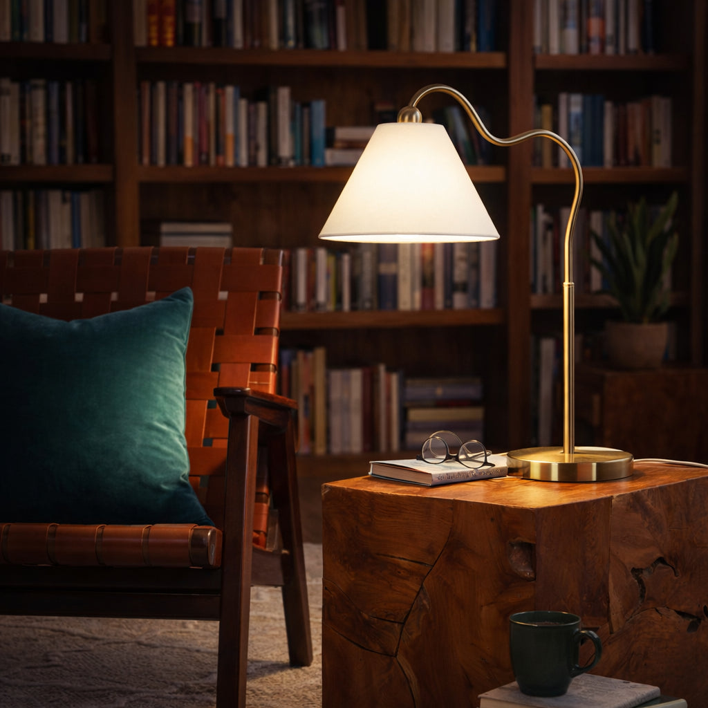 Curved Brass Table Lamp With White Fabric Shade, Gold Metal Ring Base Bedside Lamp, 22 Inches