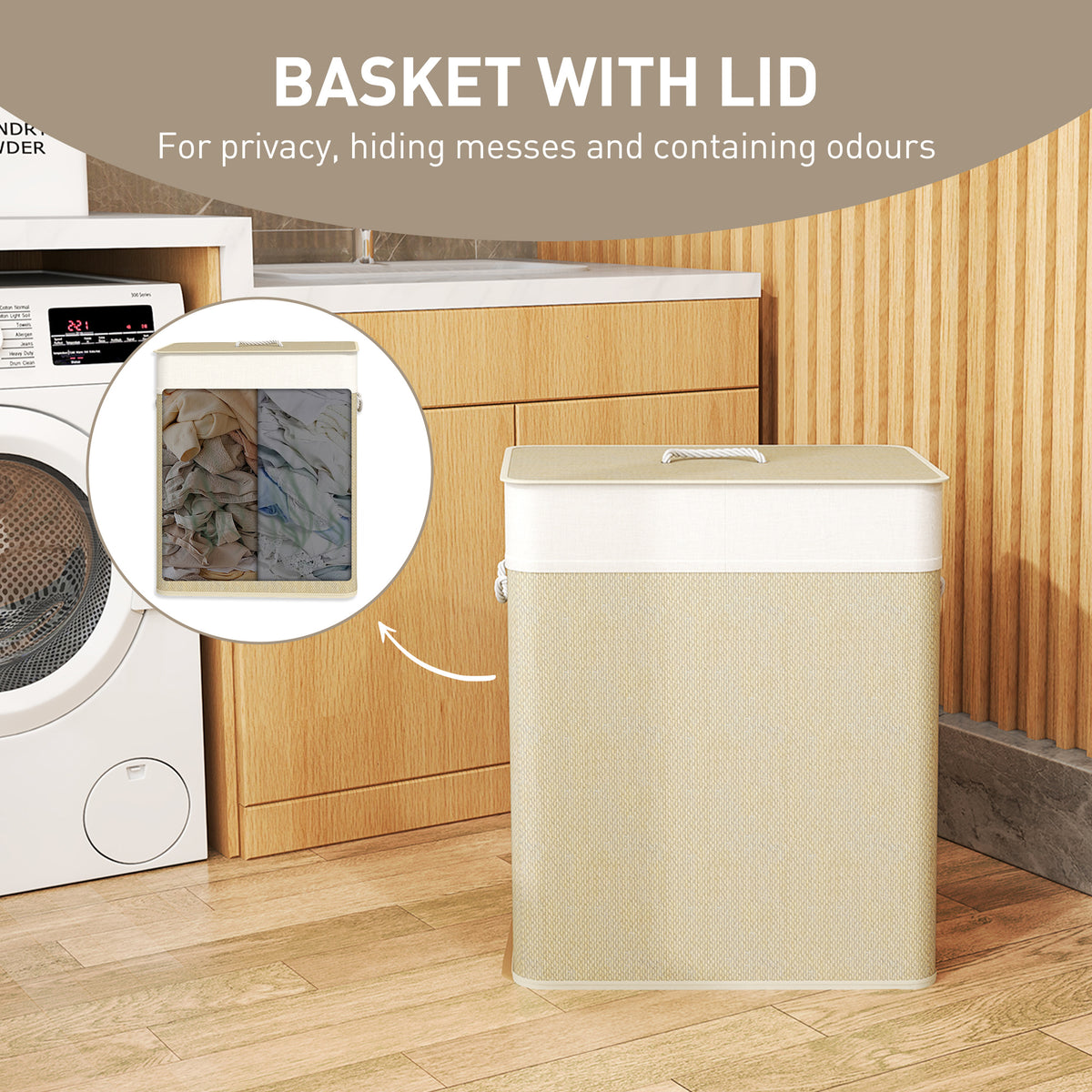 Double Laundry Basket With Lid, 26.4 Gallon Bamboo Laundry Hamper With Rope Handles and Removable Liner, Natural