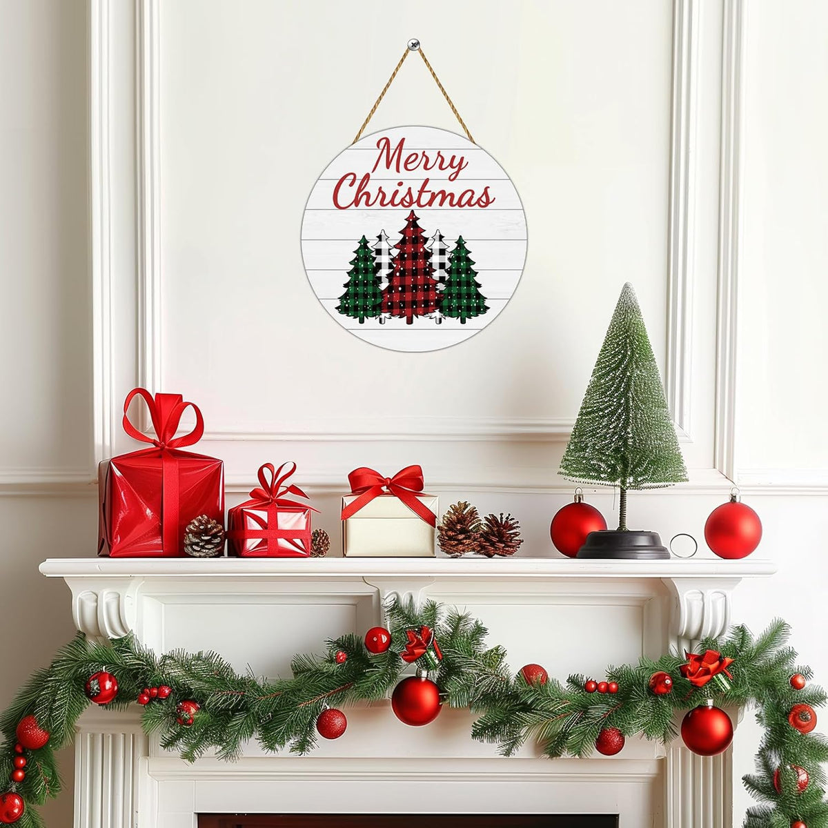 Merry Christmas Round Wood Door Sign, 12 Inch Buffalo Plaid Christmas Tree Wall Hanging Decor with Hemp Rope
