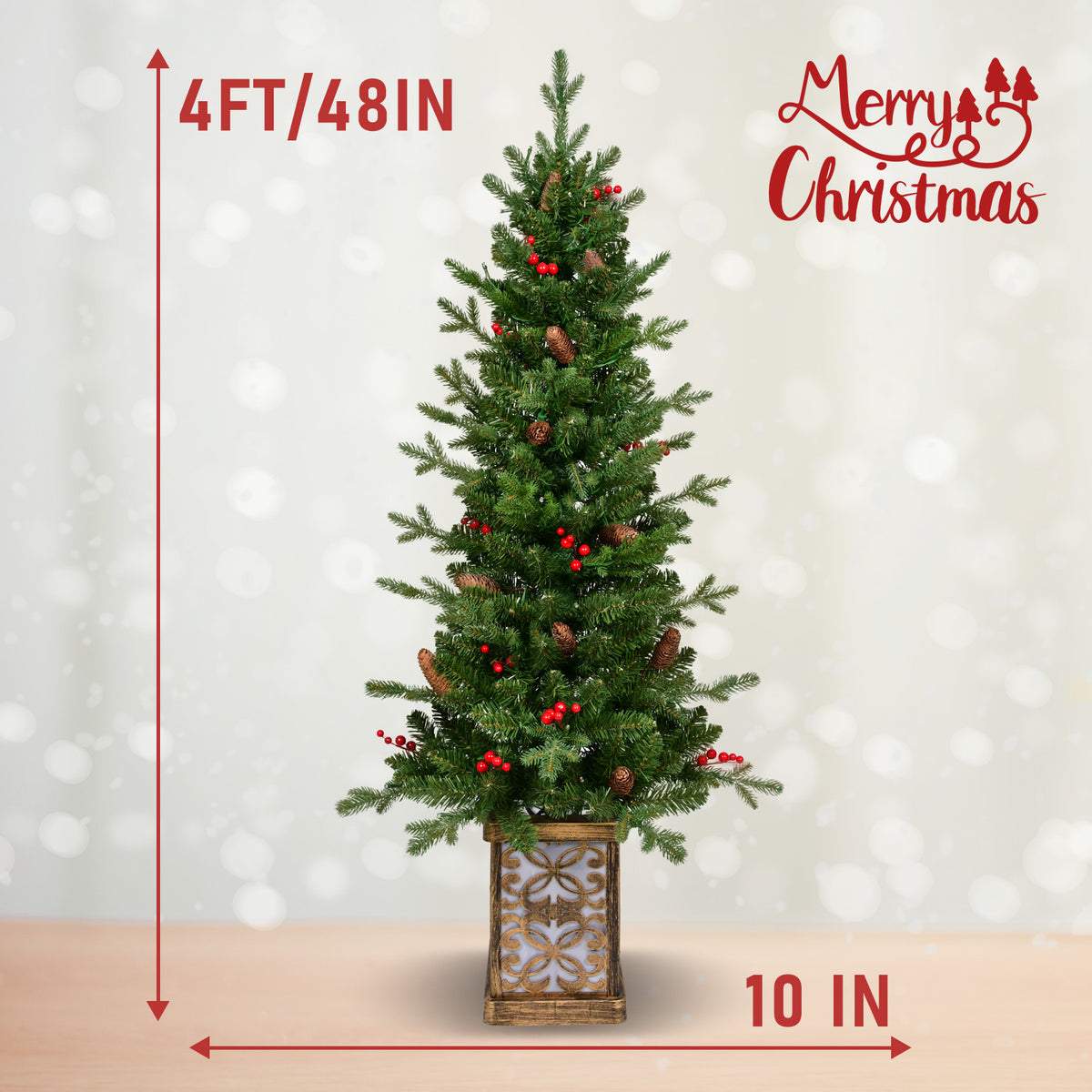 4 Ft Pre-Lit Potted Christmas Tree, Slim Artificial Porch Tree With Multicolor Lights, Pine Cones and Red Berries