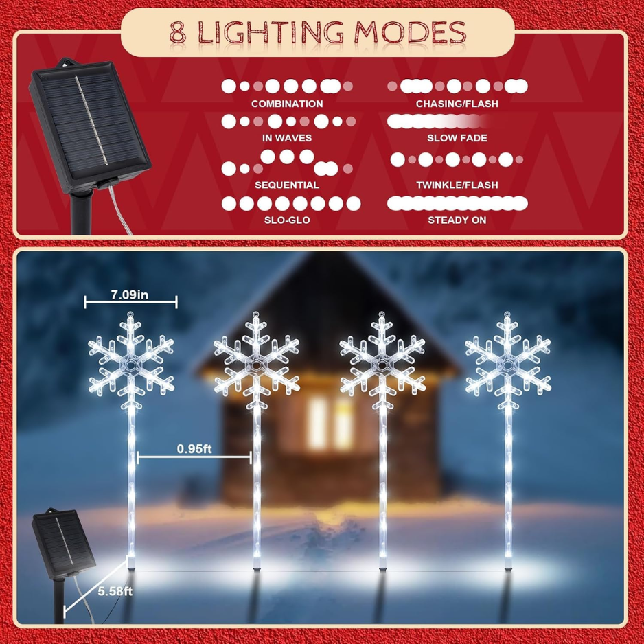 Solar Snowflake Pathway Lights, 4 Pack White LED Christmas Stake Lights for Yard and Walkway