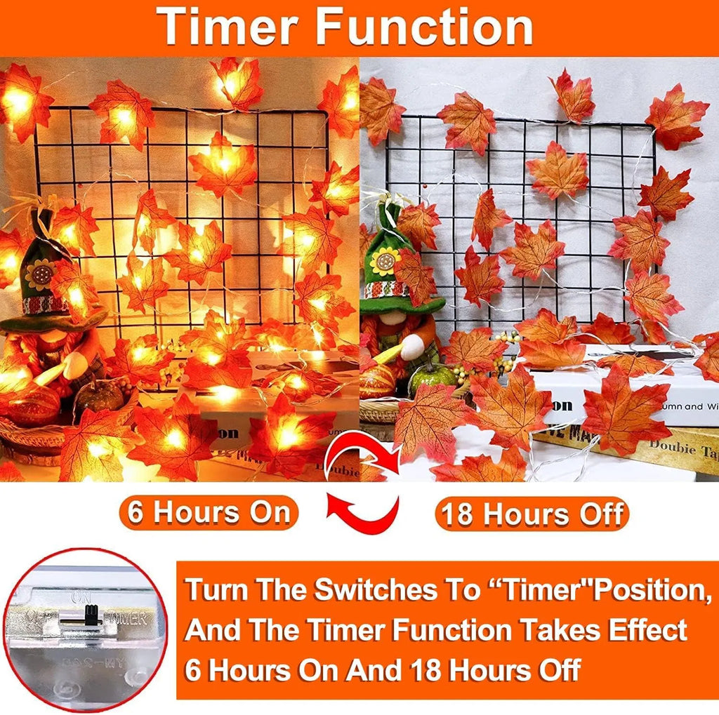 Fall Maple Leaf Garland String Lights, 3 Pack, 30 Ft, 60 Warm White LEDs, Battery Operated With Timer, Indoor and Outdoor Autumn Decor