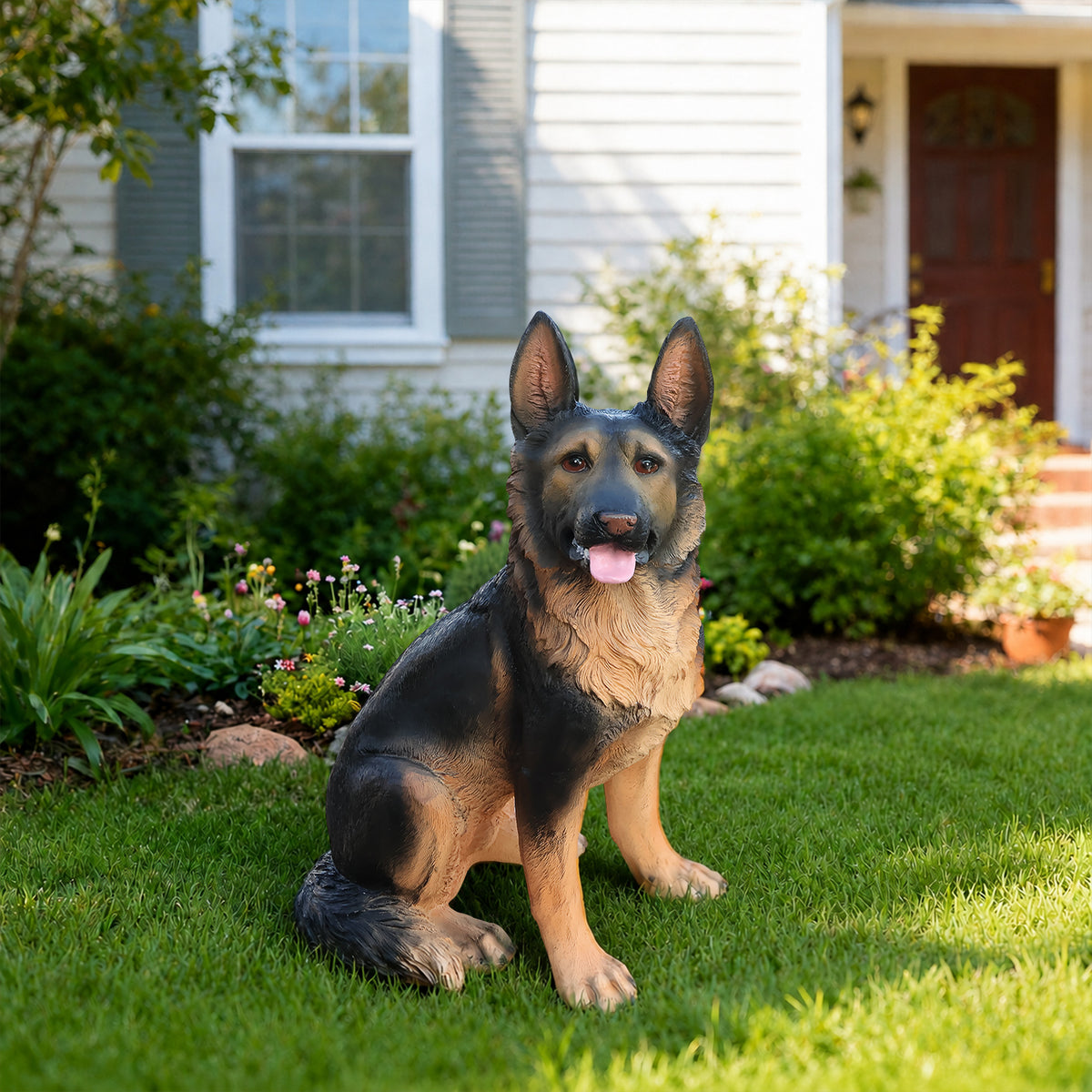 German Shepherd Dog Statue, Lifelike Resin Garden Sculpture, Brown, 18.9 in Outdoor Lawn Decor