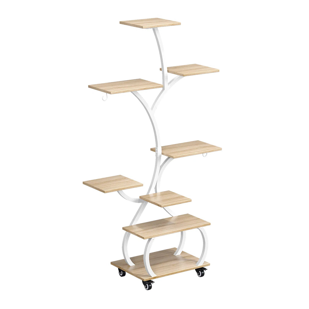 Tree Shaped Plant Stand with Full Spectrum LED Grow Light, White Metal 8-Tier Indoor Plant Shelf with Lockable Wheels, 48 Inches
