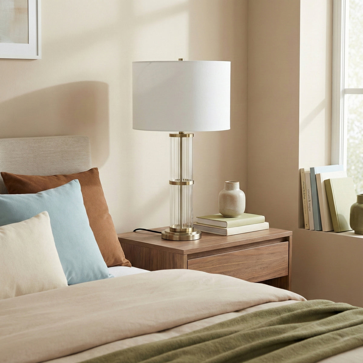Brushed Nickel Table Lamp With Clear Glass Body, White Linen Drum Shade, 30 In. Bedside Lamp