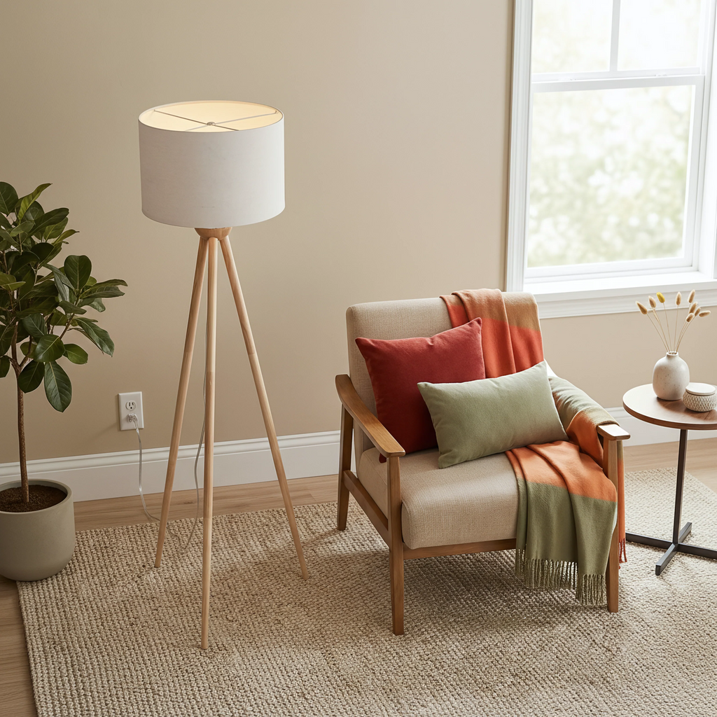 Wooden Tripod Floor Lamp, 58 in. Tall Corner Standing Light With Drum Shade for Living Room, Bedroom and Office, Natural