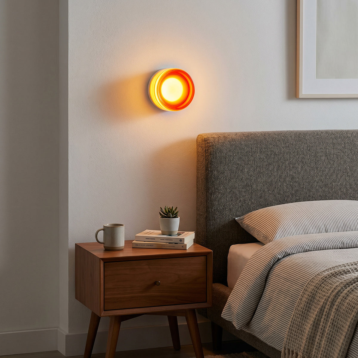 Minimalist Round LED Wall Light, Red Concave Shade Modern Wall Sconce for Bedside, Bathroom Vanity and Hallway