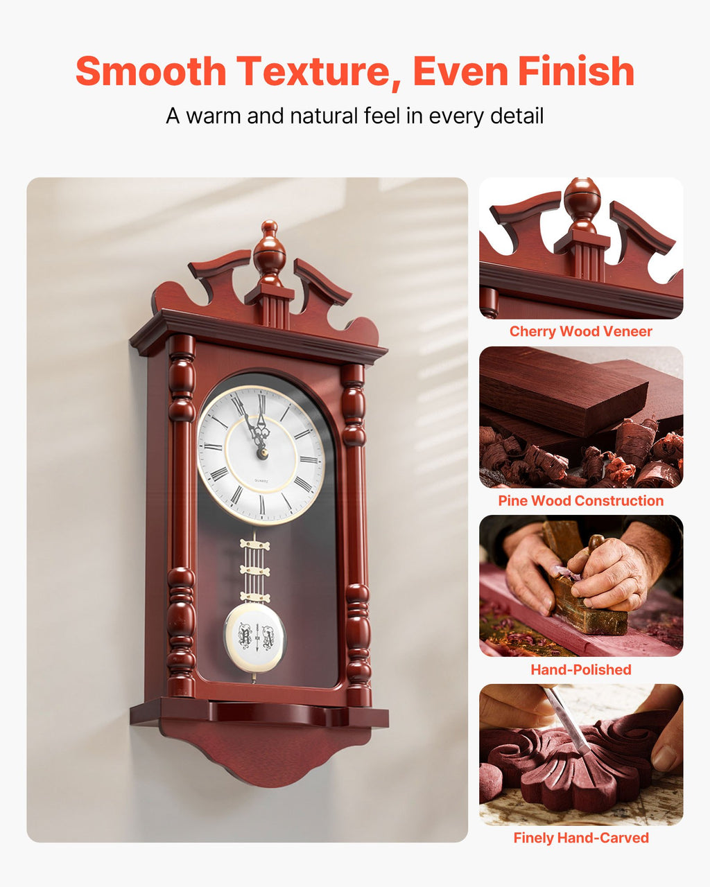 Pendulum Wall Clock, 23.2 In Wood Grandfather Clock With Quartz Movement, Cherry Tone Finish, Silent Vintage Decor for Living Room