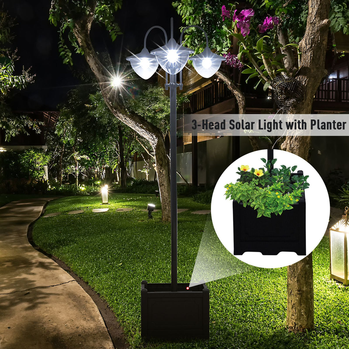 Solar Lamp Post Light with Planter Base, 74.5" 3-Head Black Outdoor LED Pole Light for Driveway, Patio, Garden and Pathway