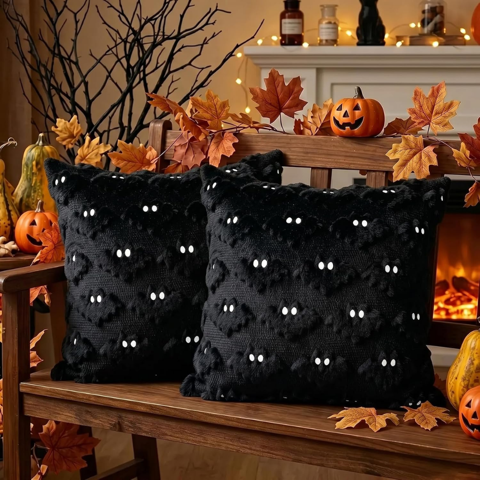 Halloween Bat Pillow Covers, Set of 2 Black Plush Tufted Throw Cushion Covers for Sofa and Bed
