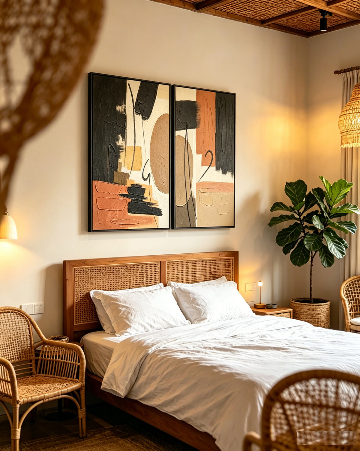 Framed Abstract Canvas Wall Art Set of 2, 25x37 In Black Beige & Terracotta Textured Painting for Living Room and Bedroom