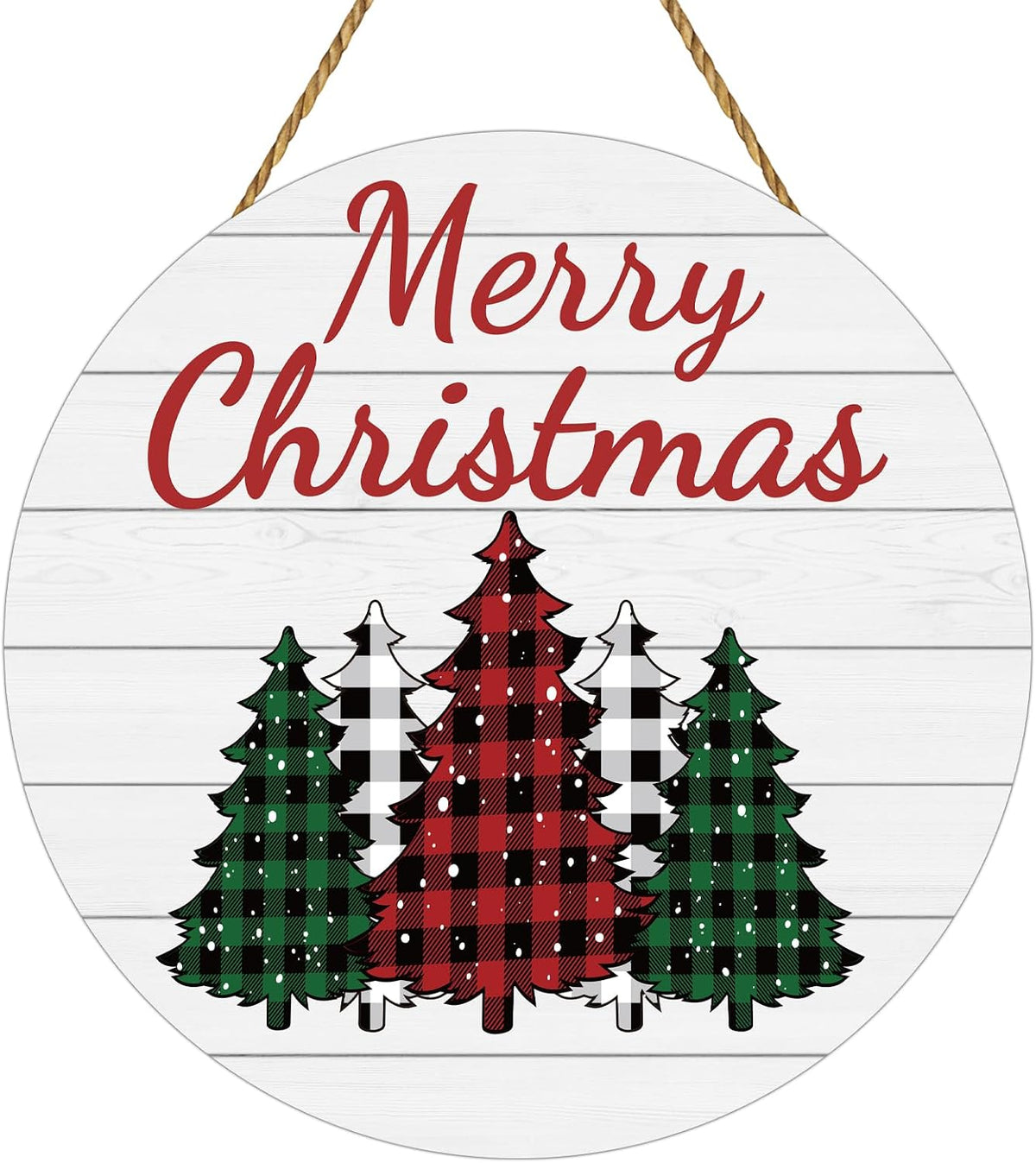 Merry Christmas Round Wood Door Sign, 12 Inch Buffalo Plaid Christmas Tree Wall Hanging Decor with Hemp Rope