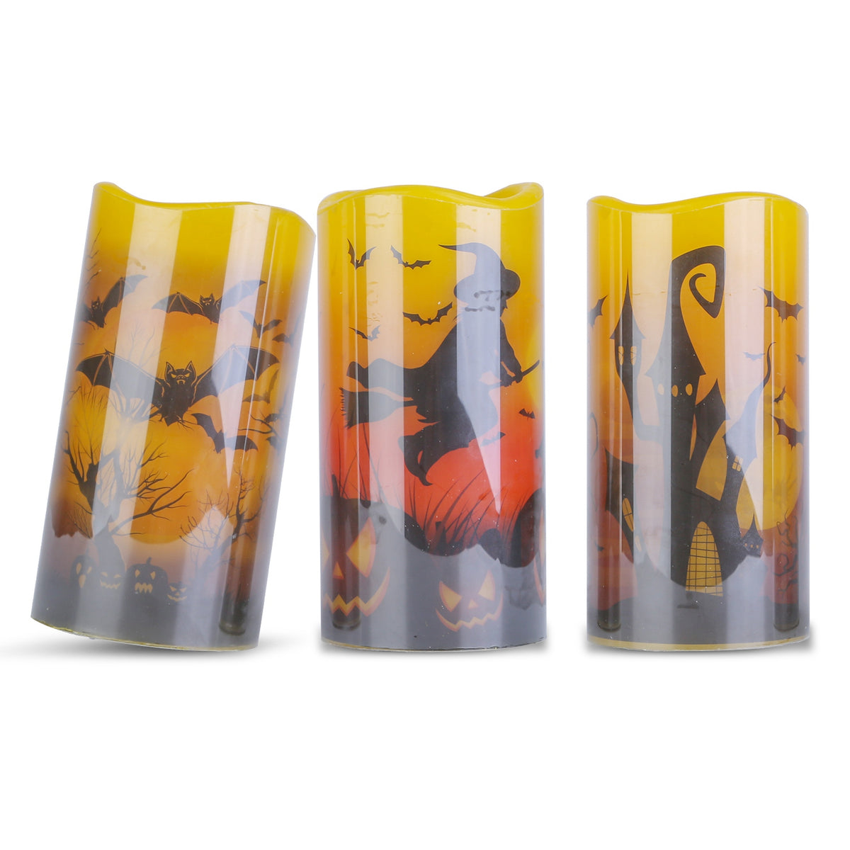 Halloween Flameless LED Candles, Set of 3 Battery Operated Pillar Candle Lamps With 6-Hour Timer, Warm Orange Light