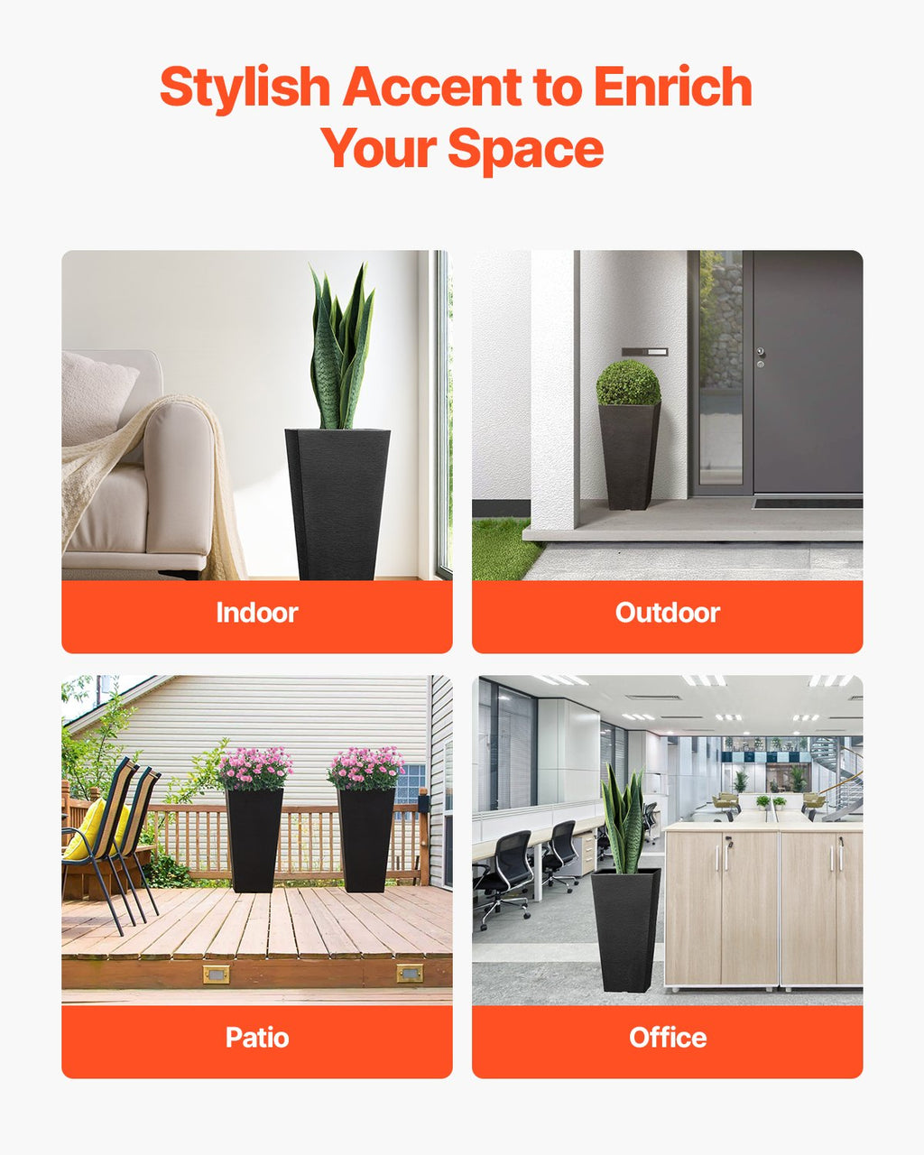 Tall Outdoor Planters Set of 2, 22 Inch Black Square Plant Pots With Built-In Drainage for Porch, Patio, and Indoor Plants