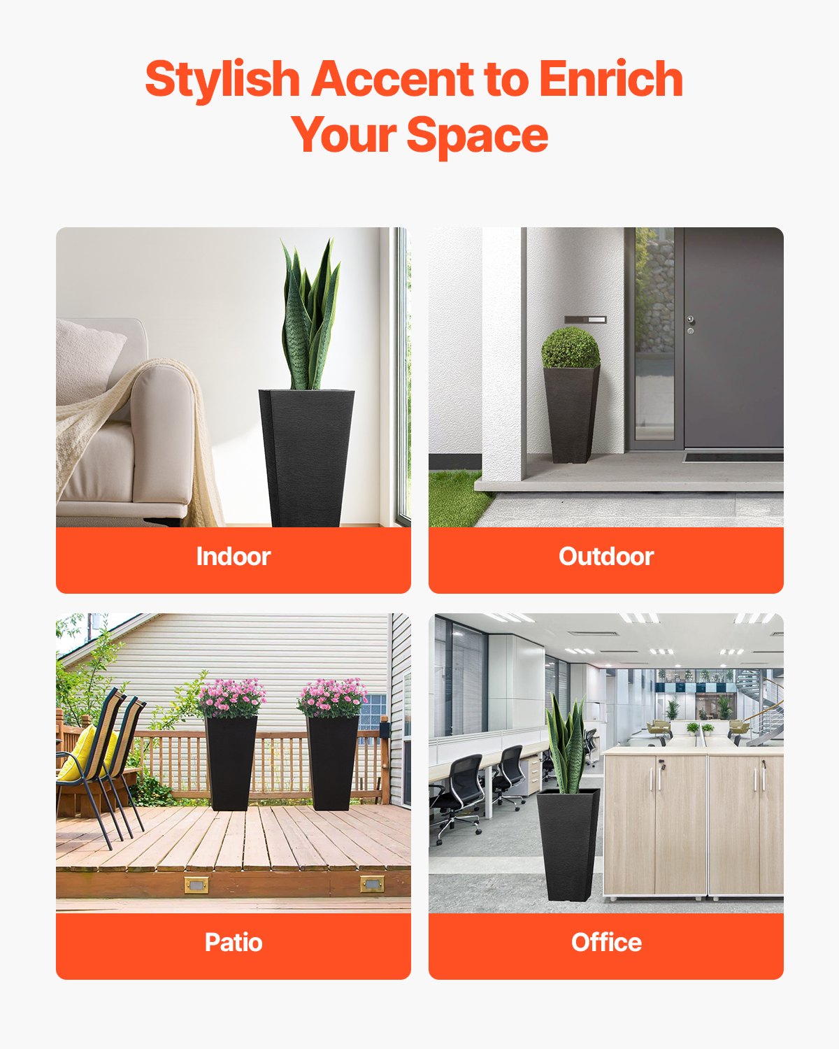 Tall Outdoor Planters Set of 2, 22 Inch Black Square Plant Pots With Built-In Drainage for Porch, Patio, and Indoor Plants