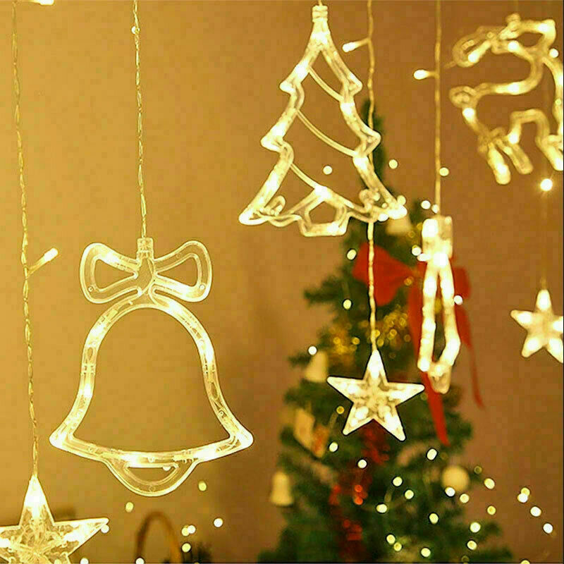 LED Christmas Curtain String Lights, Star Bell Tree and Reindeer Window Fairy Lights, Battery or USB Powered