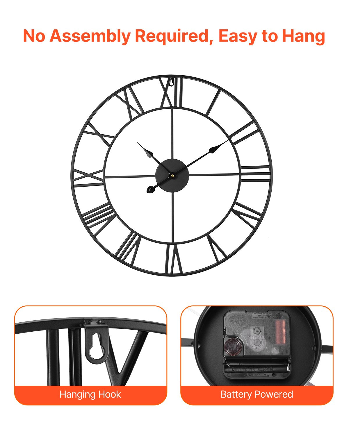 24 Inch Roman Numeral Wall Clock, Black Battery Operated Silent Non-Ticking Round Farmhouse Decor Clock for Living Room