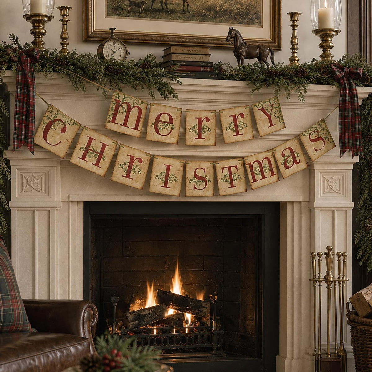 Vintage Merry Christmas Banner, Rustic Distressed Paperboard Holiday Garland for Fireplace, Mantel, and Wall Decor