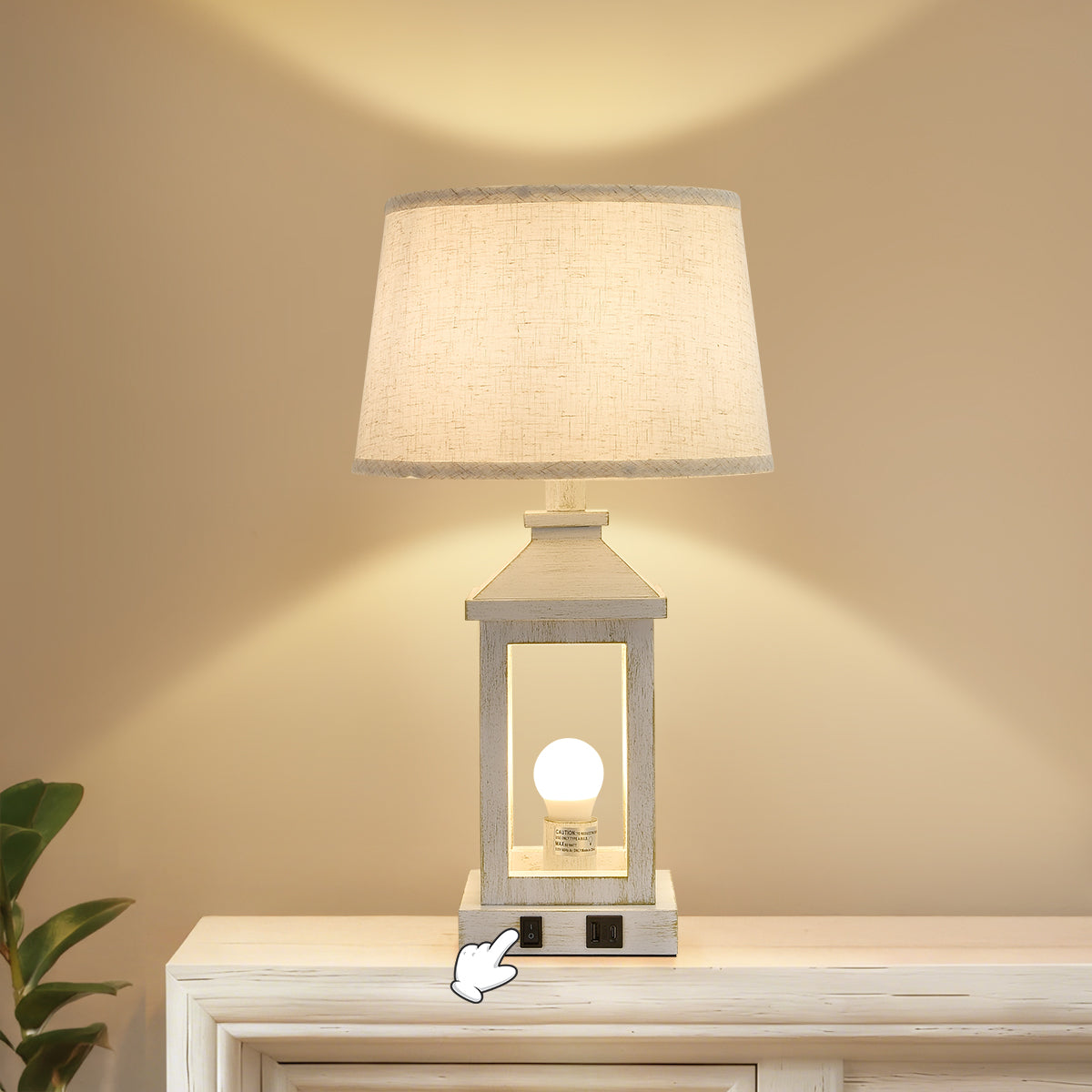 Farmhouse Table Lamps Set of 2, 20.5 In White Lantern Nightstand Lamps With USB C and A Ports, AC Outlet and Linen Shade