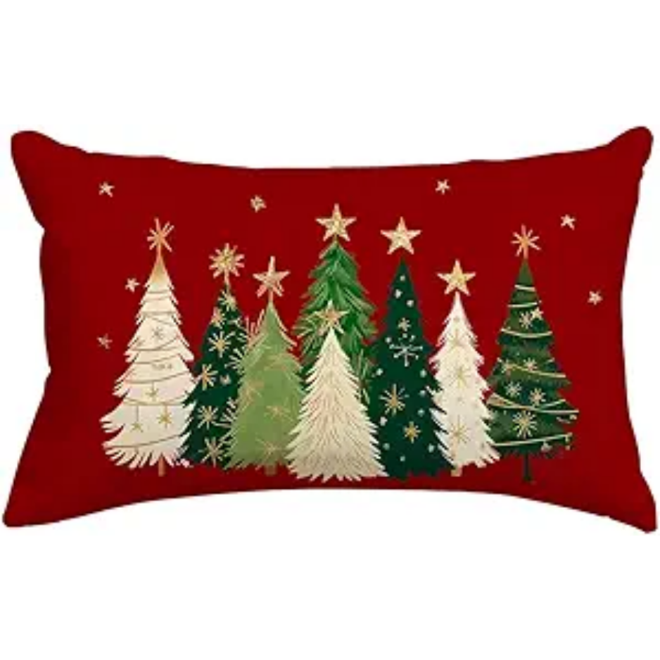 Christmas Tree Lumbar Pillow Cover, 12x20 Red Polyester Linen Xmas Throw Pillowcase