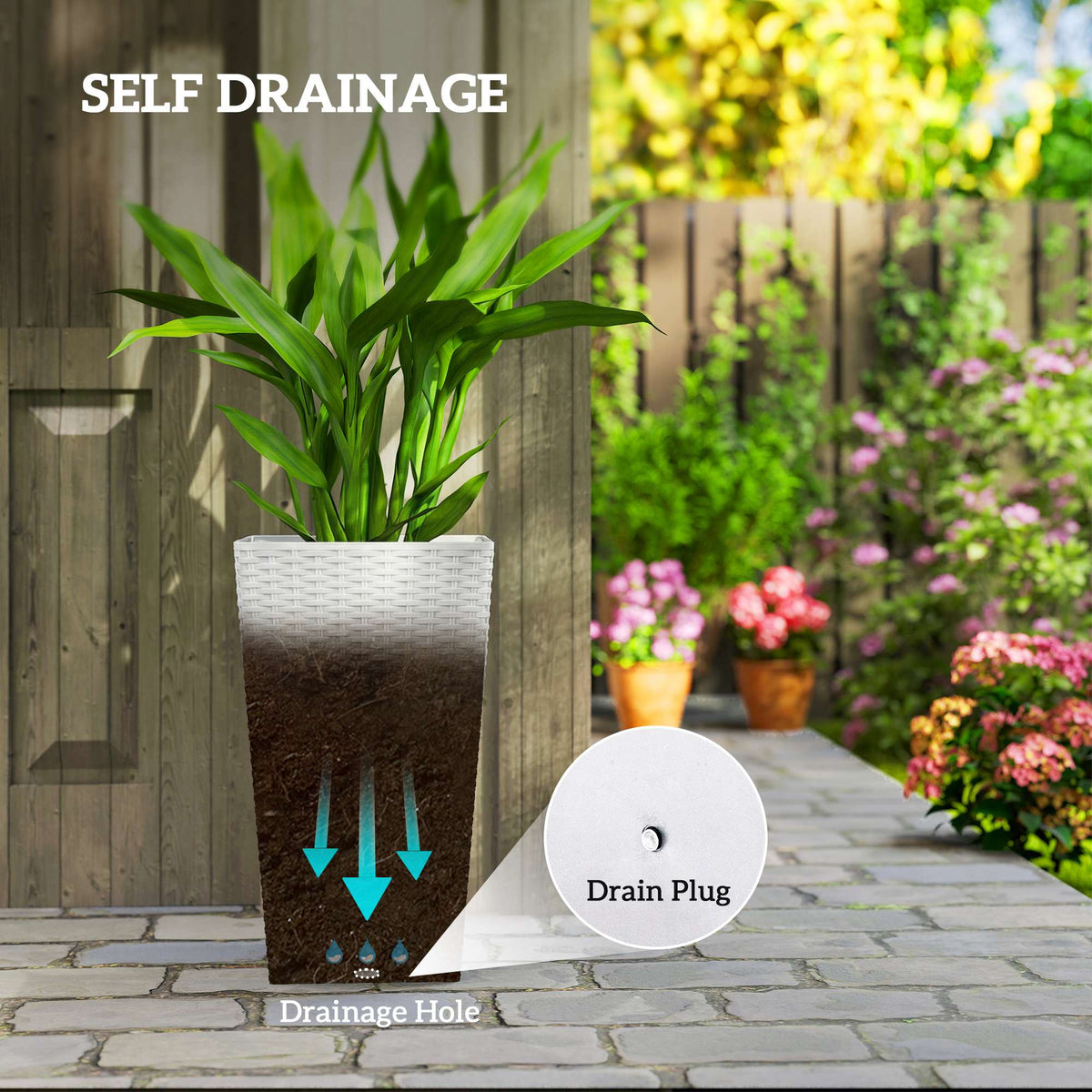 Tall Planters for Outdoor Plants, Set of 3, 24" White Rattan-Style Tapered Plant Pots with Drainage Holes