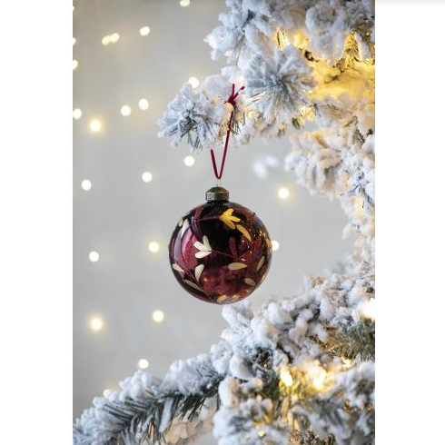 Red Glass Christmas Ball Ornaments, Set of 6 - 3.9" Hand-Painted Leaf Design Hanging Tree Baubles