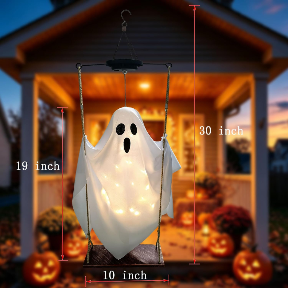 Solar Hanging Ghost Swing Halloween Decorations, 2 Pack Lighted Outdoor Ghost Decor With Warm White LED String Lights