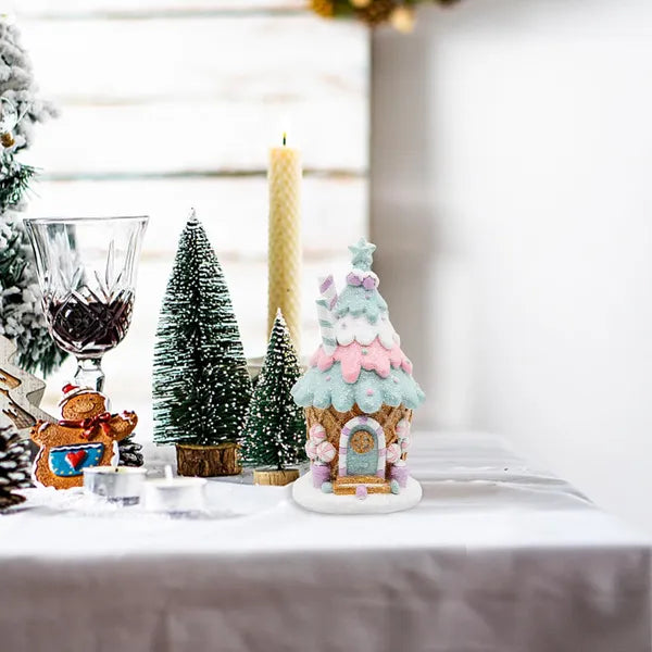 Gingerbread House Christmas Decoration, Pastel Pink and Blue Resin Tabletop Village House Decor