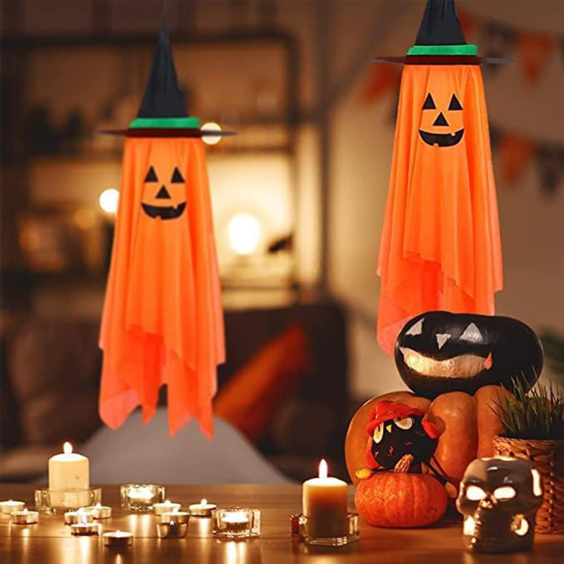 Hanging Pumpkin Witch Hat Halloween Decorations, Set of 2 Orange Jack-O'-Lantern Ornaments for Porch, Yard, Tree, and Party