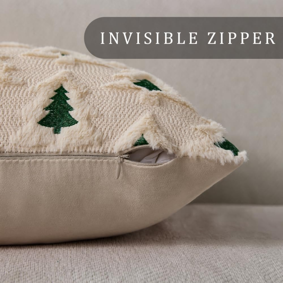 Christmas Tree Pillow Covers 18x18, Set of 2 Beige Plush Faux Fur Throw Pillow Cases with Hidden Zipper