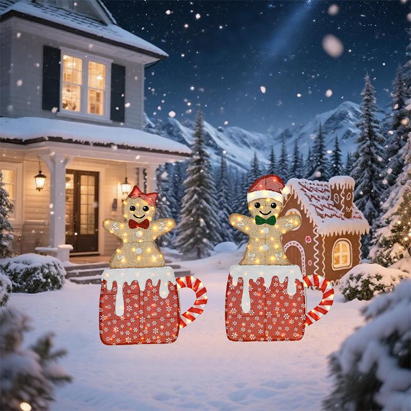 Lighted Gingerbread Man Christmas Decorations, Set of 2 Warm White LED Cocoa Mug Yard Figures