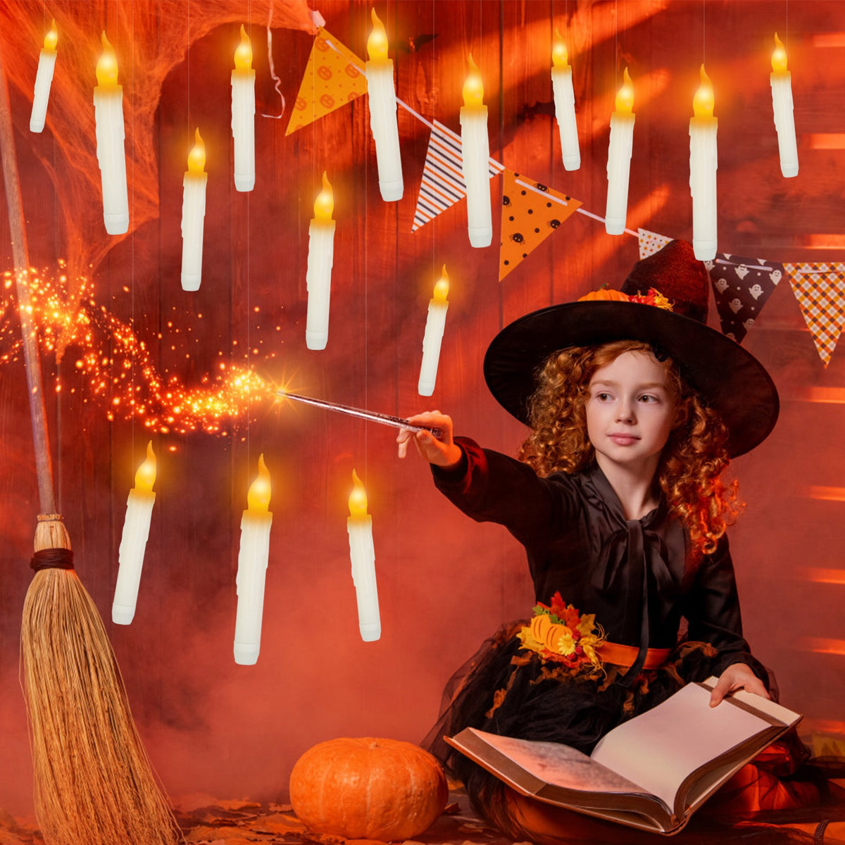 Floating LED Candles With Magic Wand Remote, 12 Pack Flameless Flickering Taper Candles With Hooks and Hanging Wire