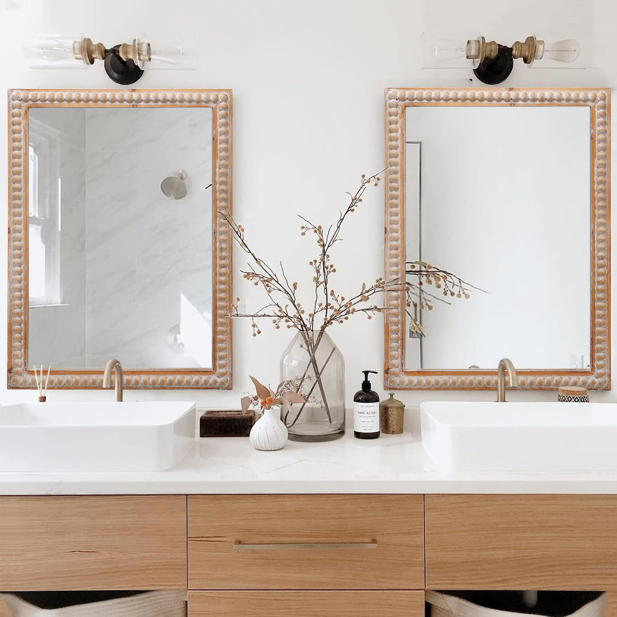 Beaded Wood Frame Wall Mirror, 22 x 30 Inch Rectangle Farmhouse Vanity Mirror in Antique Natural