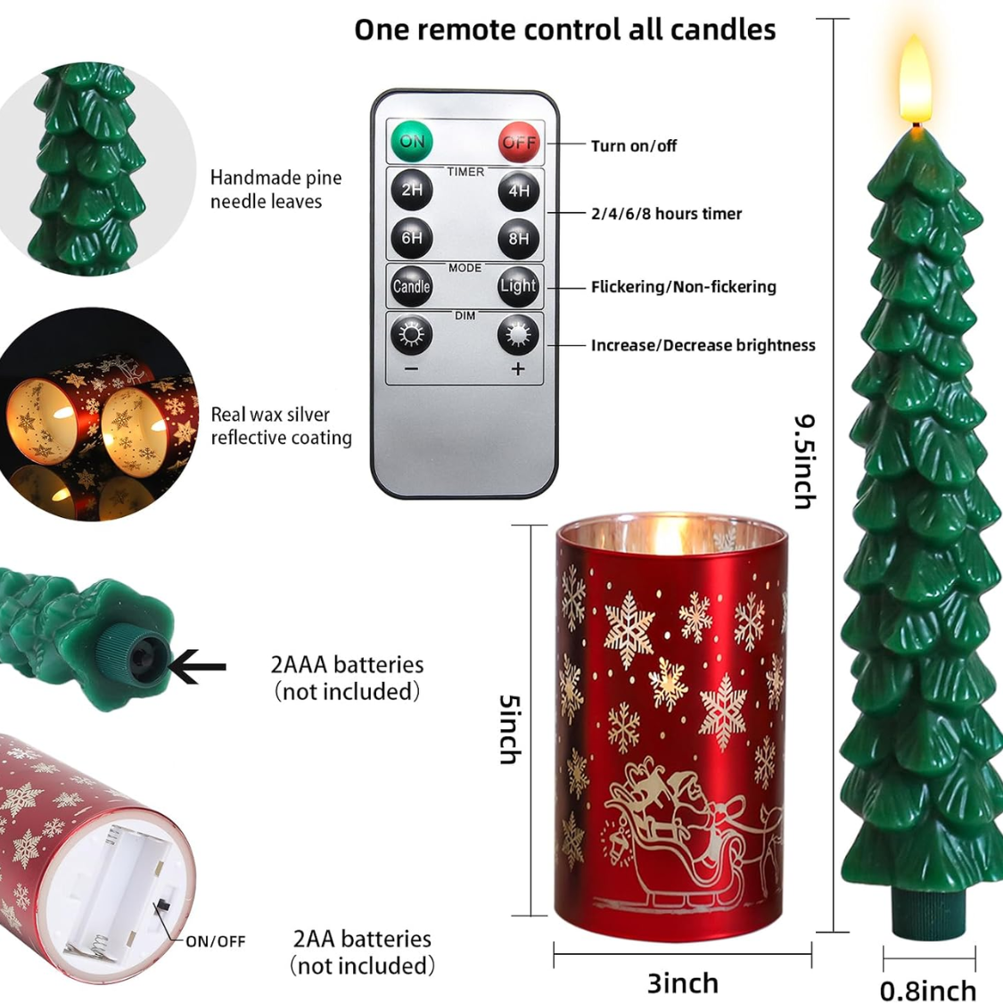 Christmas Flameless Candles With Remote, Set of 4 Green Tree Tapers and Red Glass Snowflake Pillars, Battery Operated LED Holiday Decor