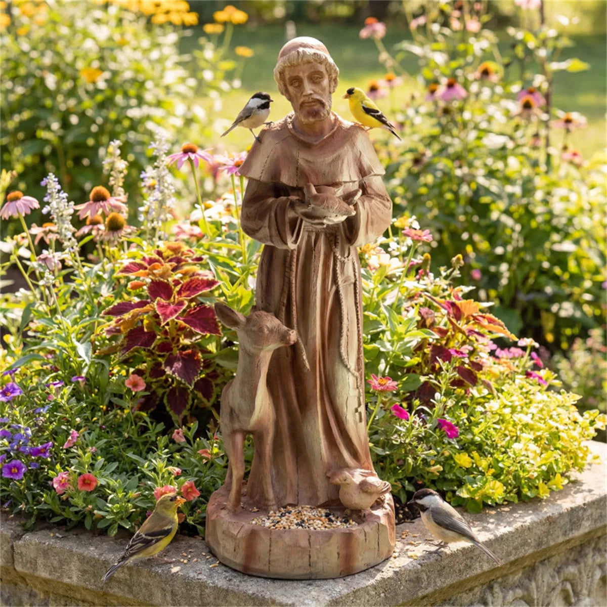 Saint Francis Garden Statue With Built-In Bird Feeder, 24.5" Brown Magnesium Oxide Outdoor Sculpture