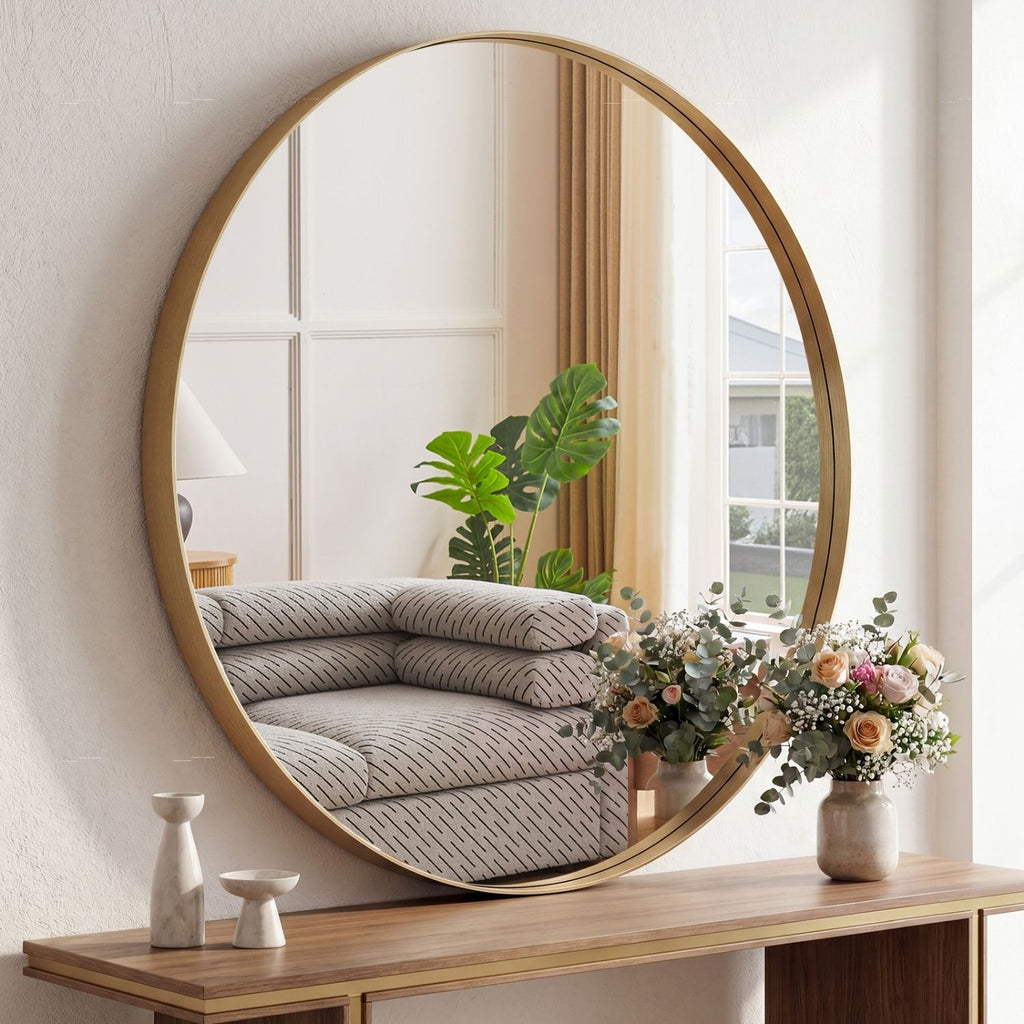 Round Wall Mirror With Brushed Aluminum Frame, Tempered Glass Bathroom Vanity Mirror in Black or Gold, 20 to 30 Inch