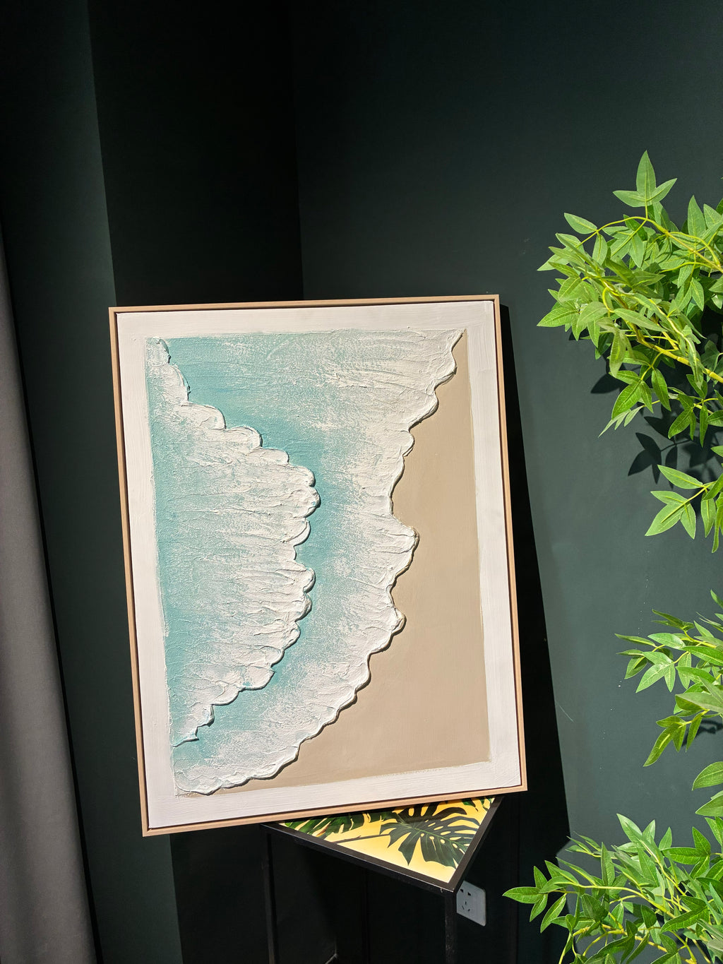 Framed Ocean Wave Wall Art, Set of 2 Textured Canvas Paintings, 25 x 33 In, Aqua Blue and Beige Coastal Decor