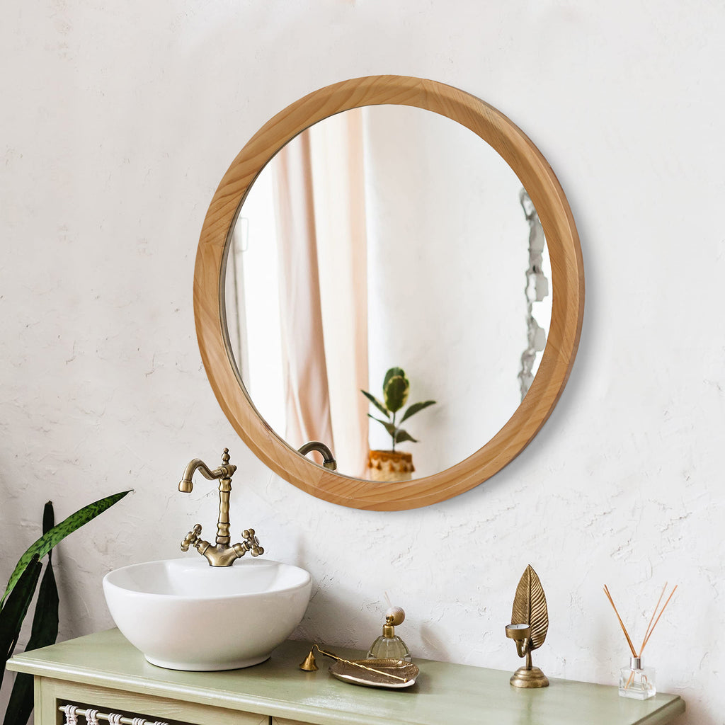 Round Wood Wall Mirror, 23.62 Inch Natural Light Oak Frame Decorative Mirror for Bathroom Vanity, Entryway and Living Room