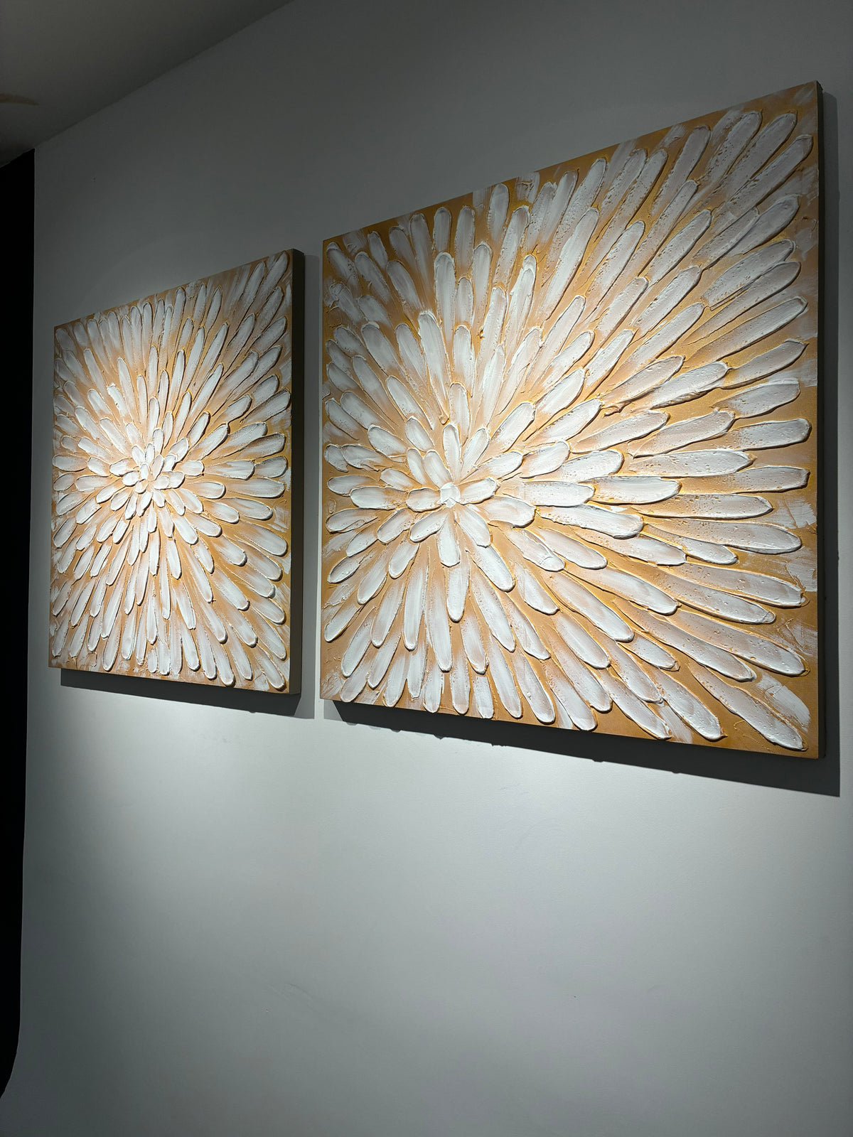 Textured Floral Canvas Wall Art, Set of 2, 32x32 in Antique White and Gold Hand-Painted Impasto Flower Paintings