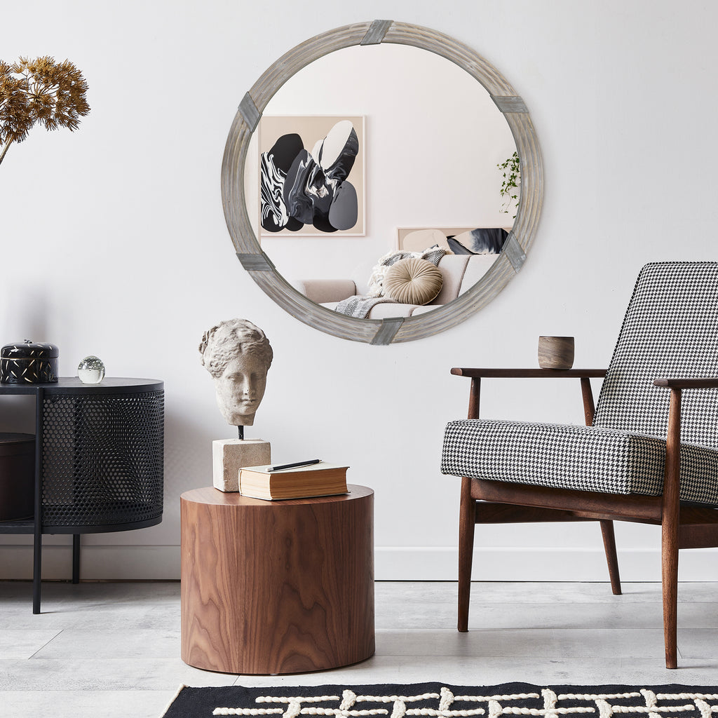 Round Wood Wall Mirror, 30.75" Farmhouse Decorative Mirror for Living Room, Bedroom, Hallway, Natural Wood Finish
