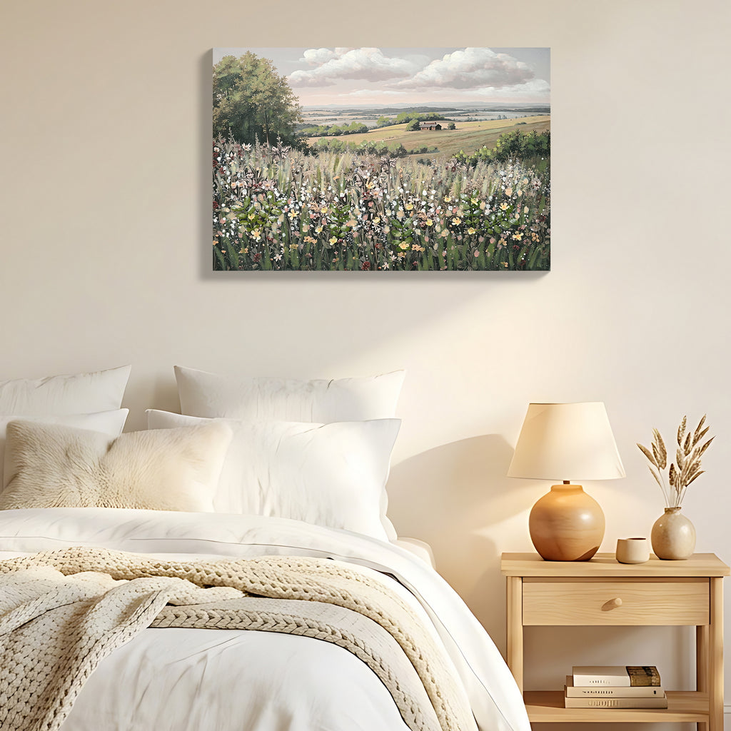 Wildflower Meadow Canvas Wall Art, 24x36 Framed Landscape Print With 3D Faux Floral Accents, Green and Ivory Farmhouse Decor