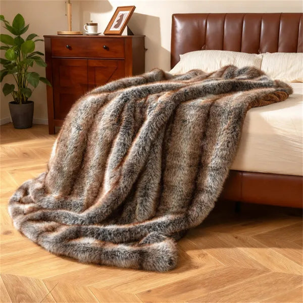 Faux Fur Throw Blanket, 60" x 80" Brown Taupe Fox Fur Blanket With Reversible Fleece Lining