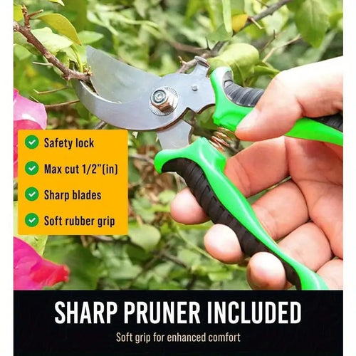 8 Piece Garden Tool Set With Storage Tote, Aluminum Alloy Hand Tools, Pruning Shears and Gloves, Green