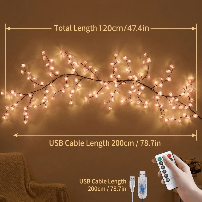 Cherry Blossom Vine Lights, LED Tree Branch Wall Lights With Remote and 8 Modes, Pink Blossom Garland for Bedroom Decor