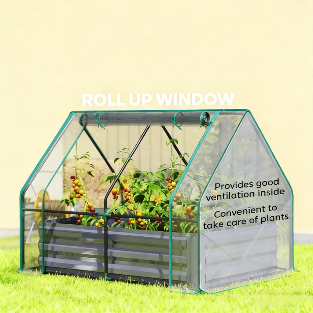 2-in-1 Raised Garden Bed With Mini Greenhouse Cover, Galvanized Steel Planter, 50 x 37.4 x 36.2 Inches, Clear and Dark Gray