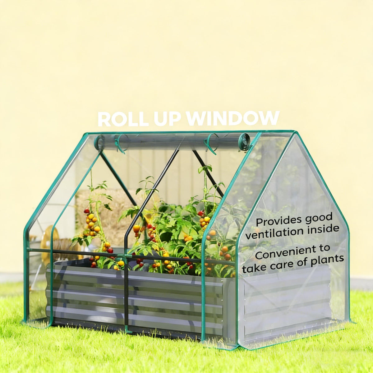 2-in-1 Raised Garden Bed With Mini Greenhouse Cover, Galvanized Steel Planter, 50 x 37.4 x 36.2 Inches, Clear and Dark Gray