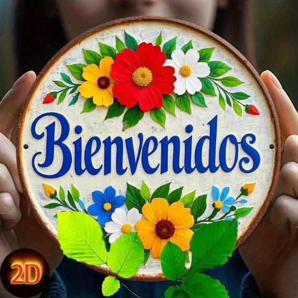 Bienvenidos Welcome Sign, Round Metal Floral Wall Plaque, 7.87 Inch Rustic Spanish Front Door Decor