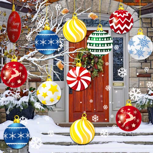 Christmas Ball Yard Signs, 9 Piece Outdoor Ornament Decorations With Stakes and Hanging Cord, Double-Sided PVC